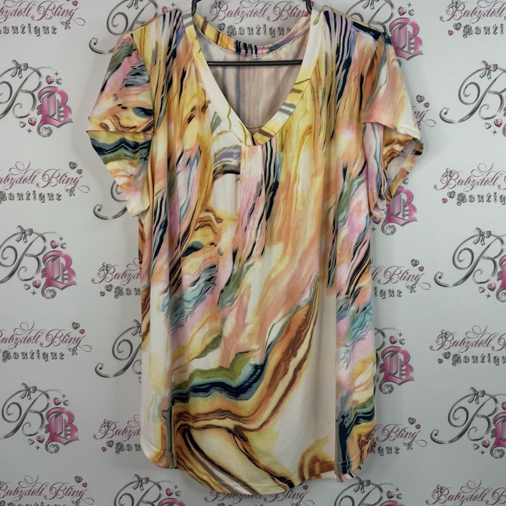 Tshirt swirl marble water color Multicolor V-Neck Women Top comfy